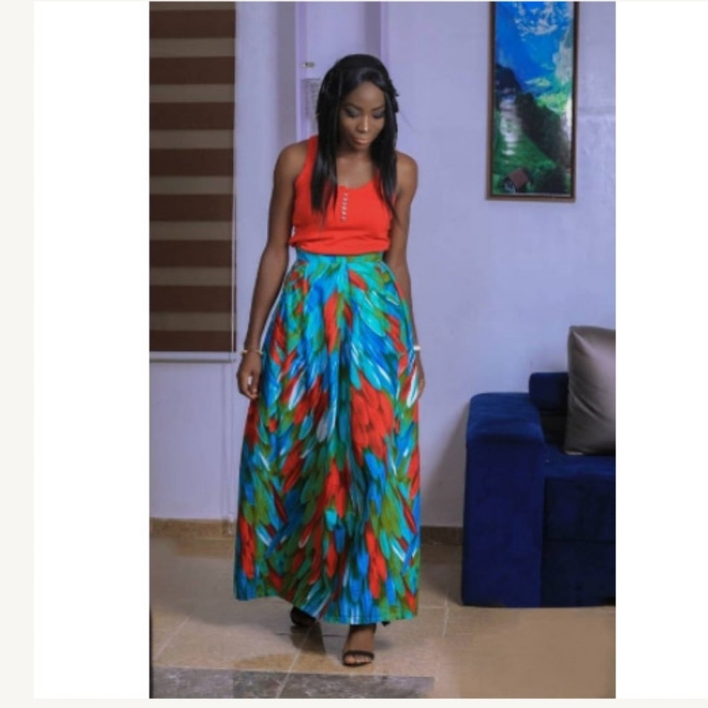 Blue and red floral maxi skirt. African wax cotton